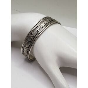 Vintage etched silver tone cuff bracelet ornate scroll detailed design